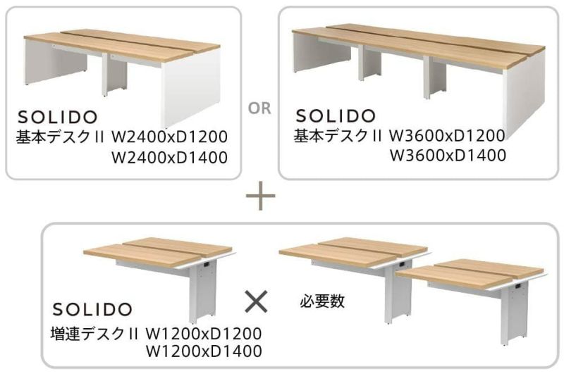 ソリード フリーアドレス用デスクⅡ増連 W1200×D1400 オーク×ホワイト